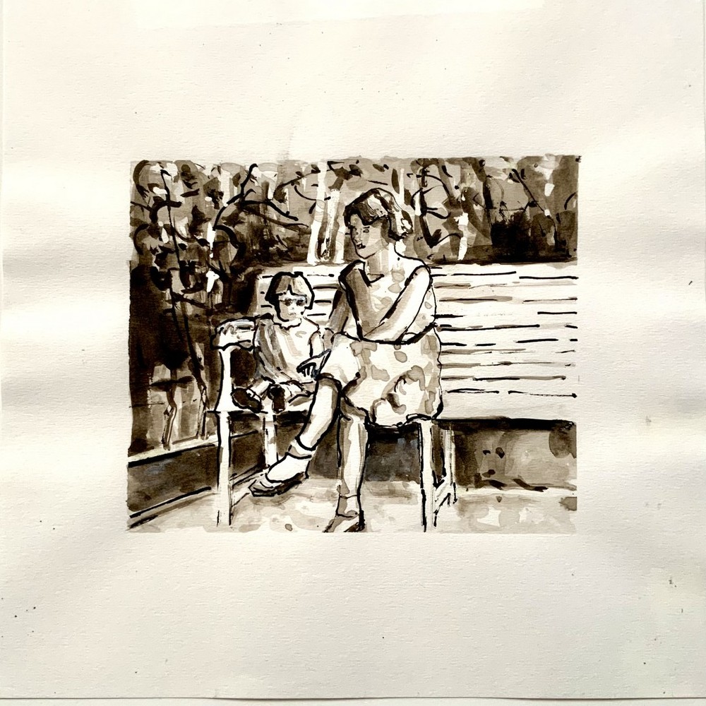 Sommer, Sonne, Gartenbank - 30 x 30 cm - Tusche auf Papier - 2025